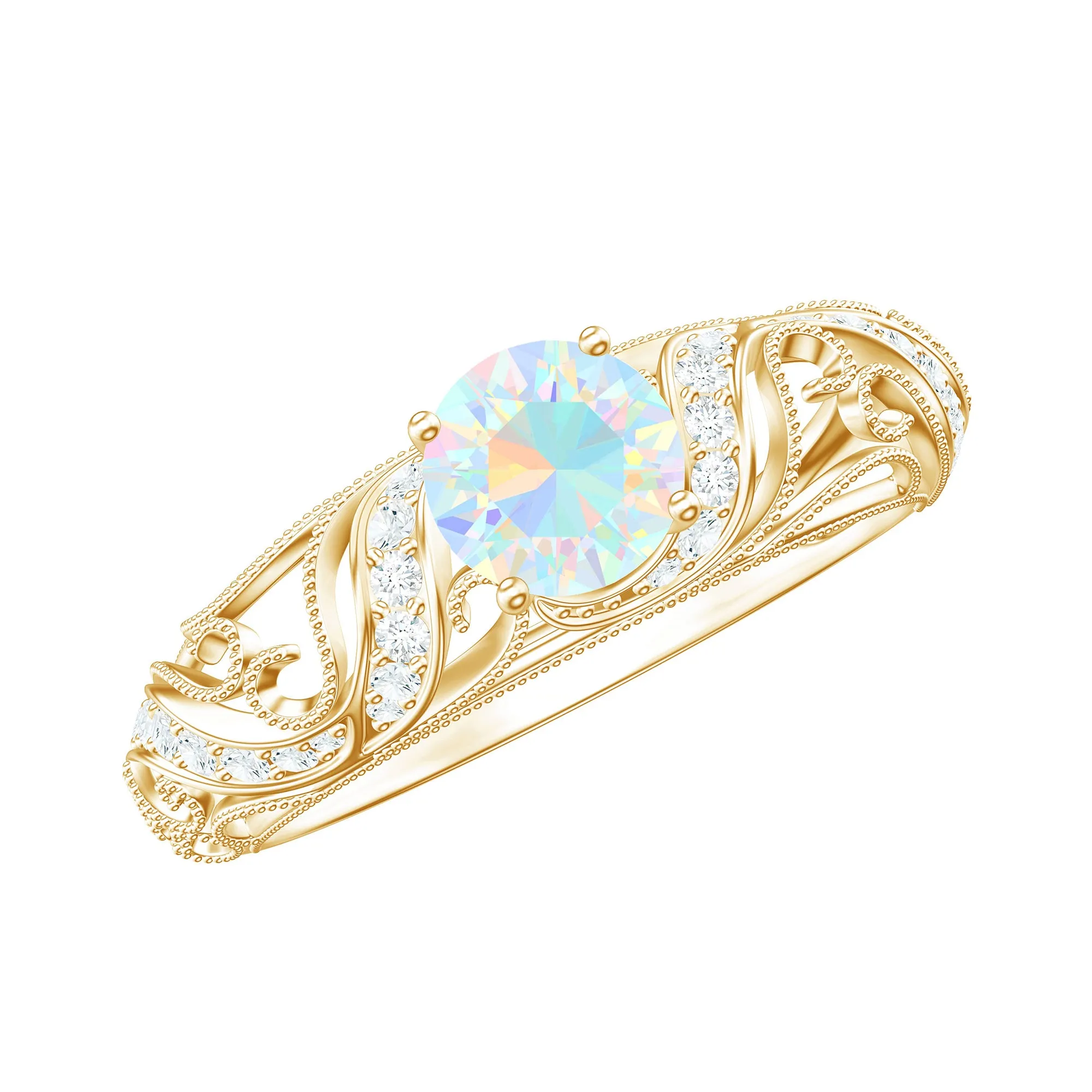 Round Shape Genuine Ethiopian Opal Vintage Inspired Engagement Ring with Diamond