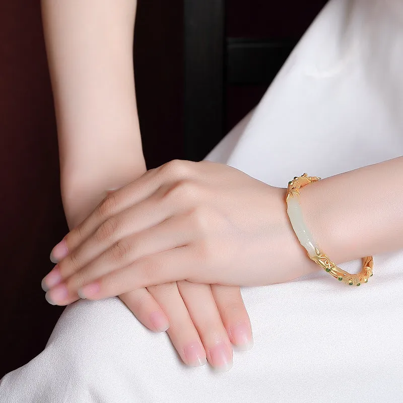 S925 Sterling Silver Gold-plated Hetian Jade Vintage Auspicious Clouds And Bamboo Leaves Hollow Bracelet