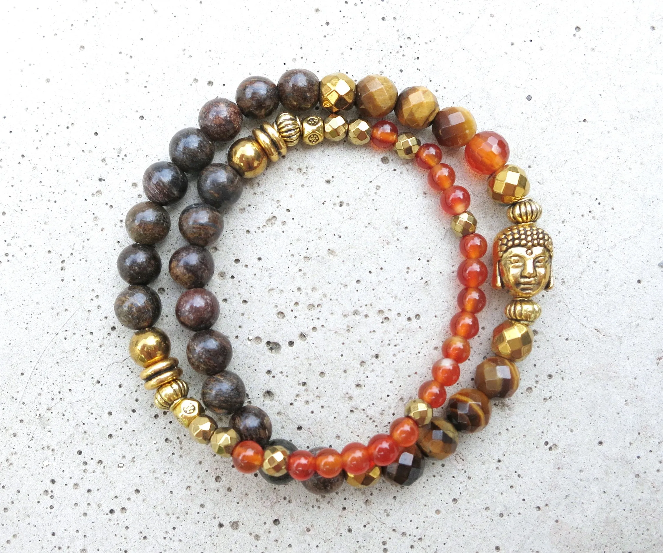 SALE - Bronzite, Carnelian Natural Stones Double Strand Bracelet