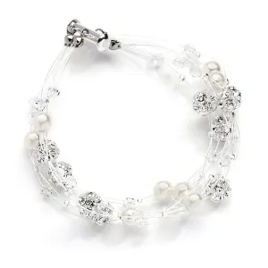 Sarah's Special 4-Row Floating Pearl, Crystal and Rhinestone Fireball Illusion Bridal Bracelet