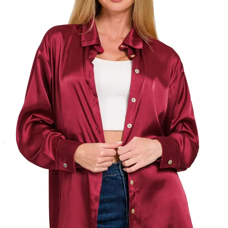 Satin Button Down | Burgundy