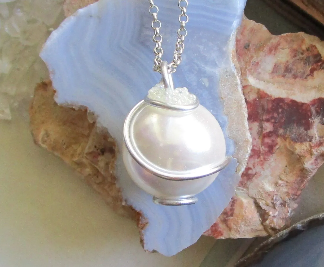 Satin White Czech Glass Pearl Wire Wrapped Pendant Necklace