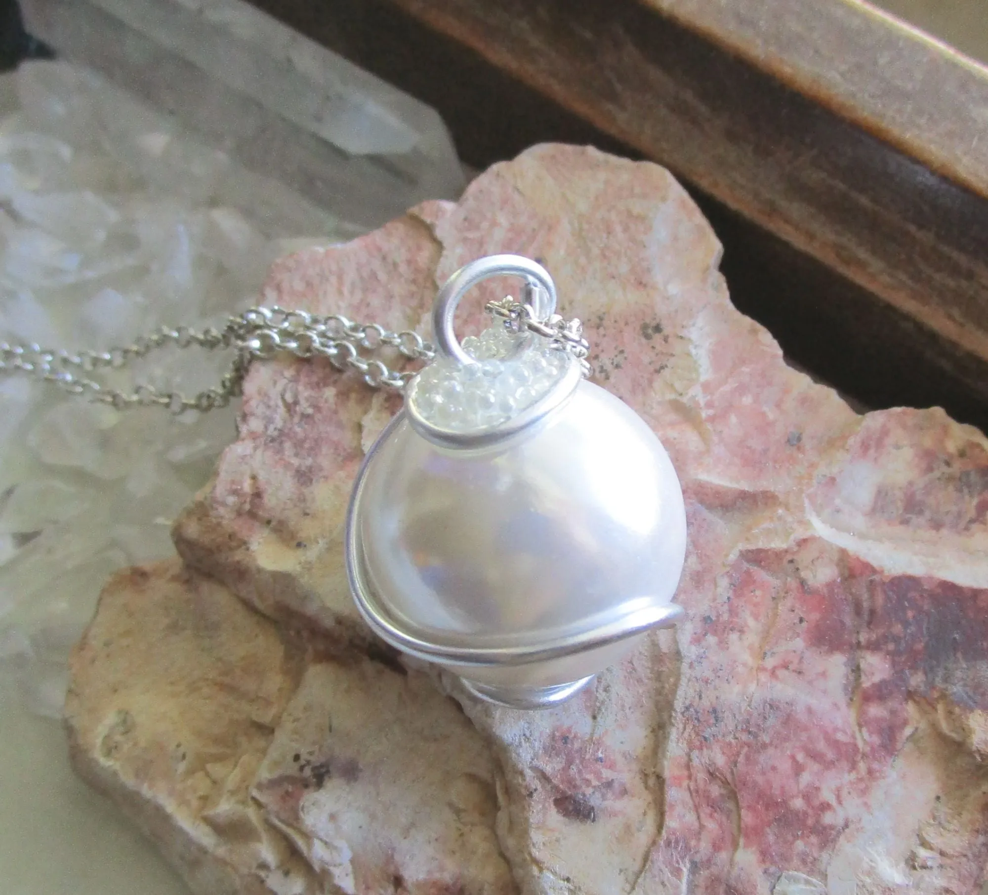 Satin White Czech Glass Pearl Wire Wrapped Pendant Necklace