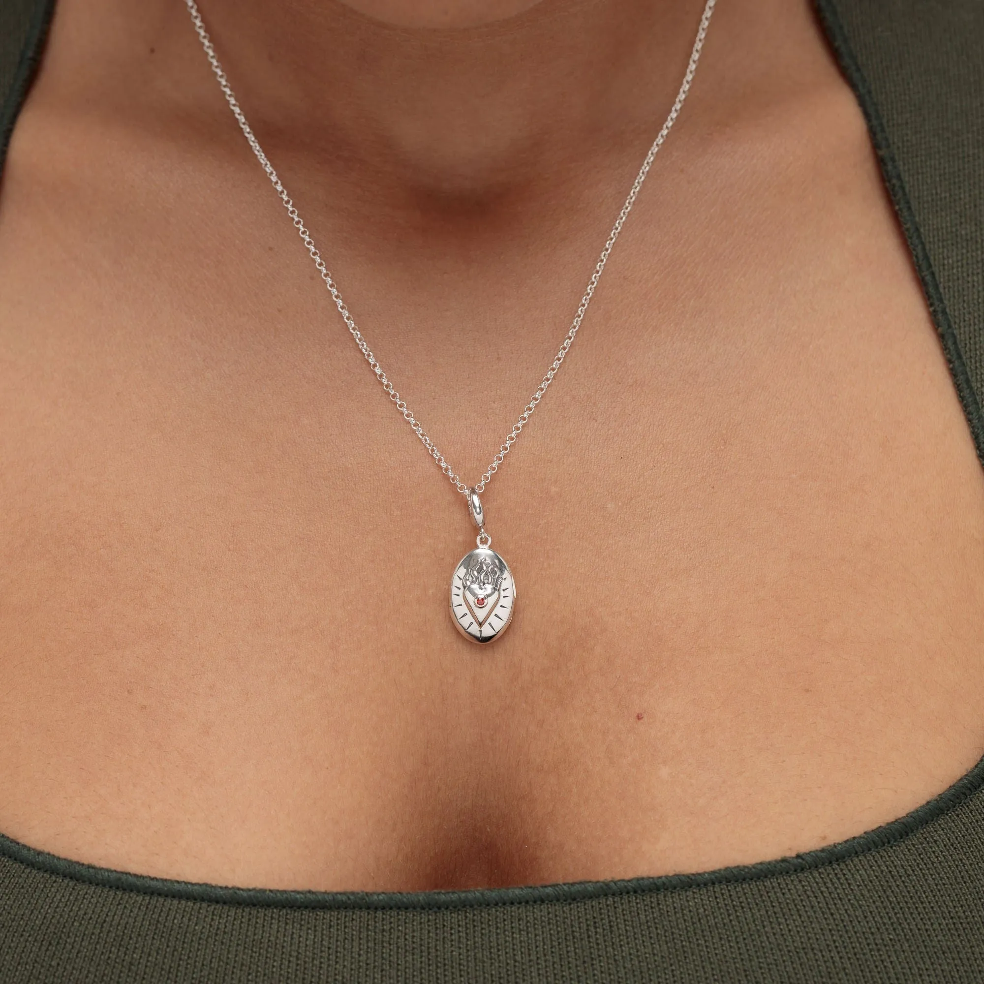 Silver Flaming Heart Locket Necklace