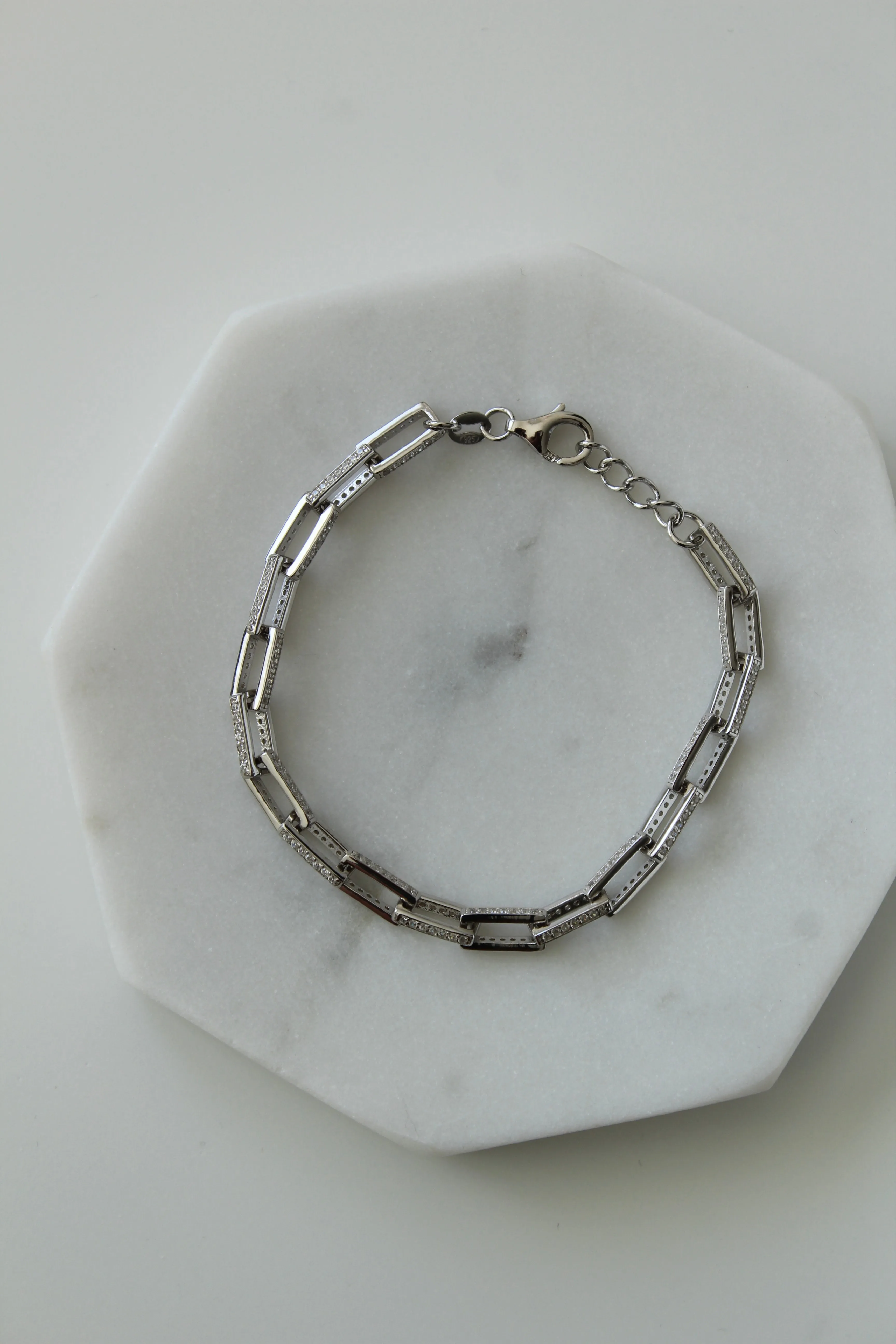 Silver Micropave Paperclip Bracelet