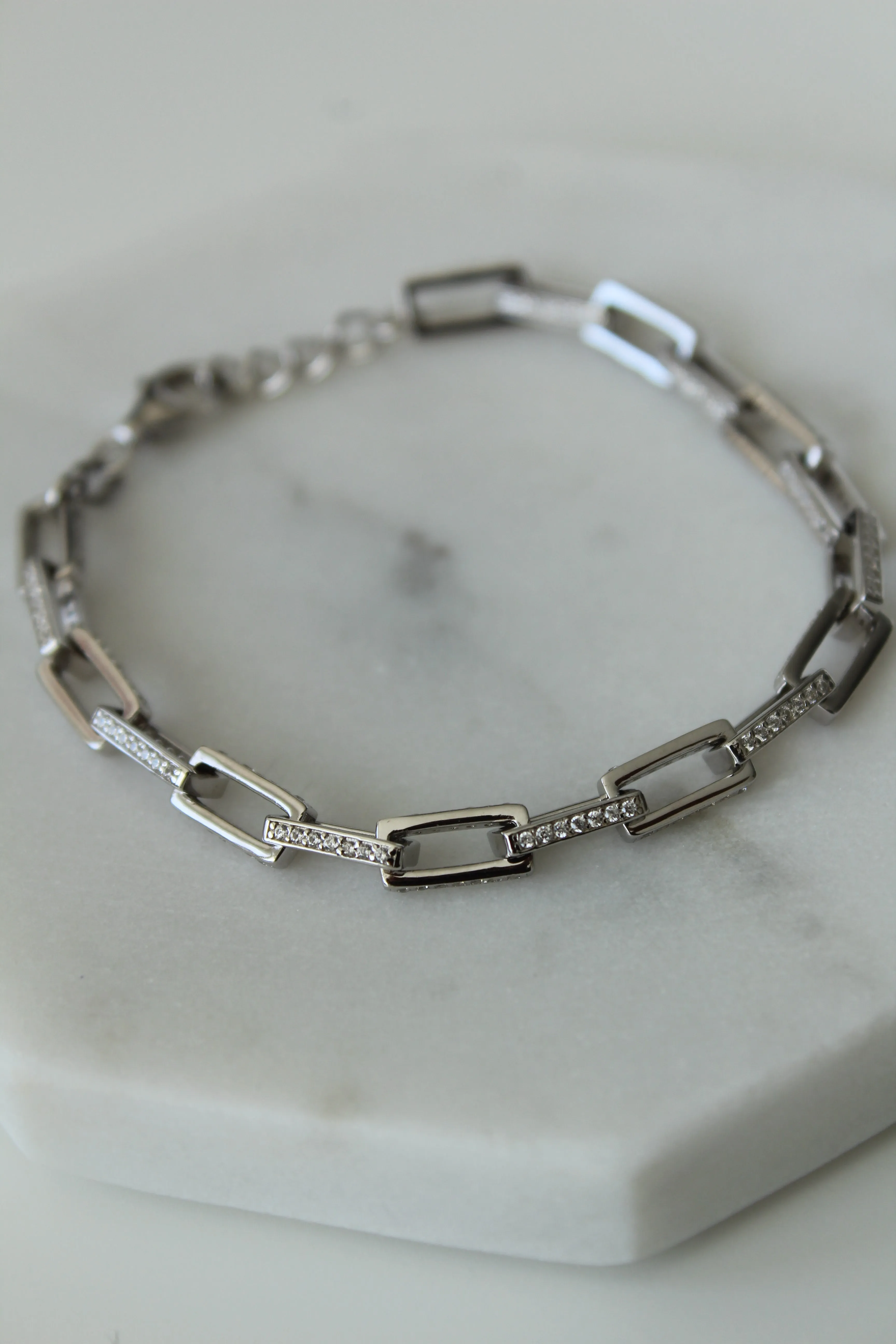 Silver Micropave Paperclip Bracelet