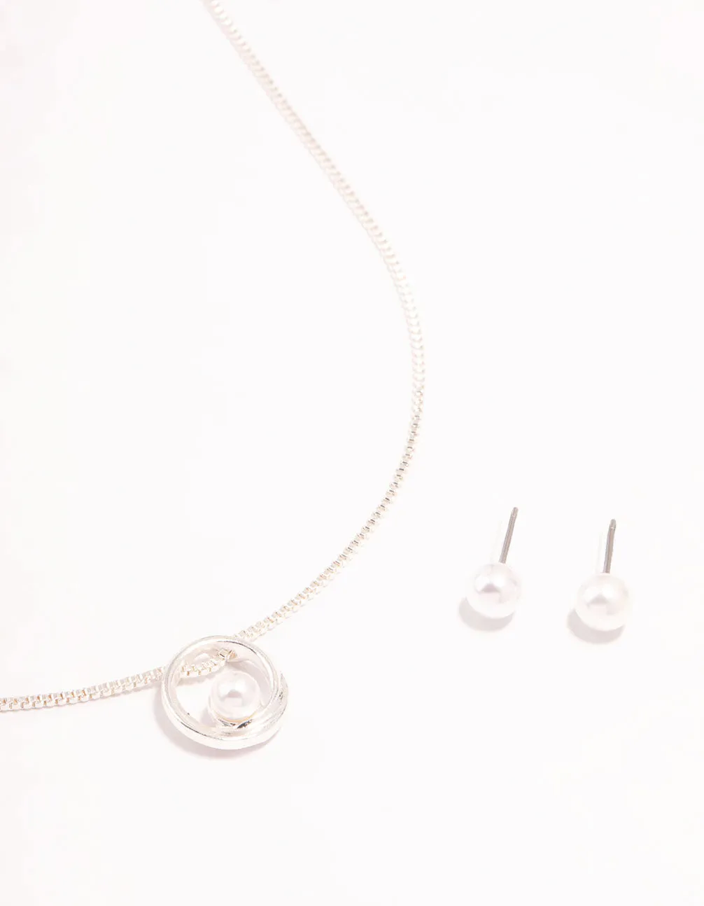 Silver Pearl Necklace & Stud Earrings Set