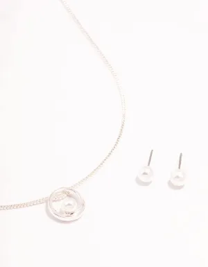 Silver Pearl Necklace & Stud Earrings Set