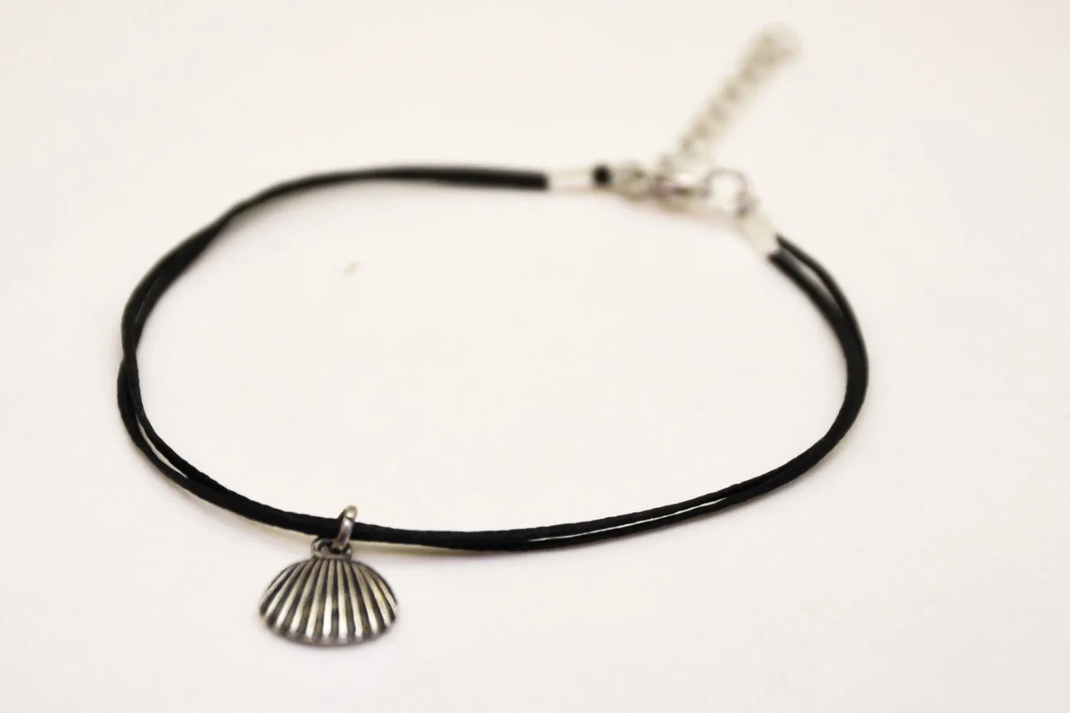 Silver seashell anklet bracelet, black anklet, dangle nautical jewelry