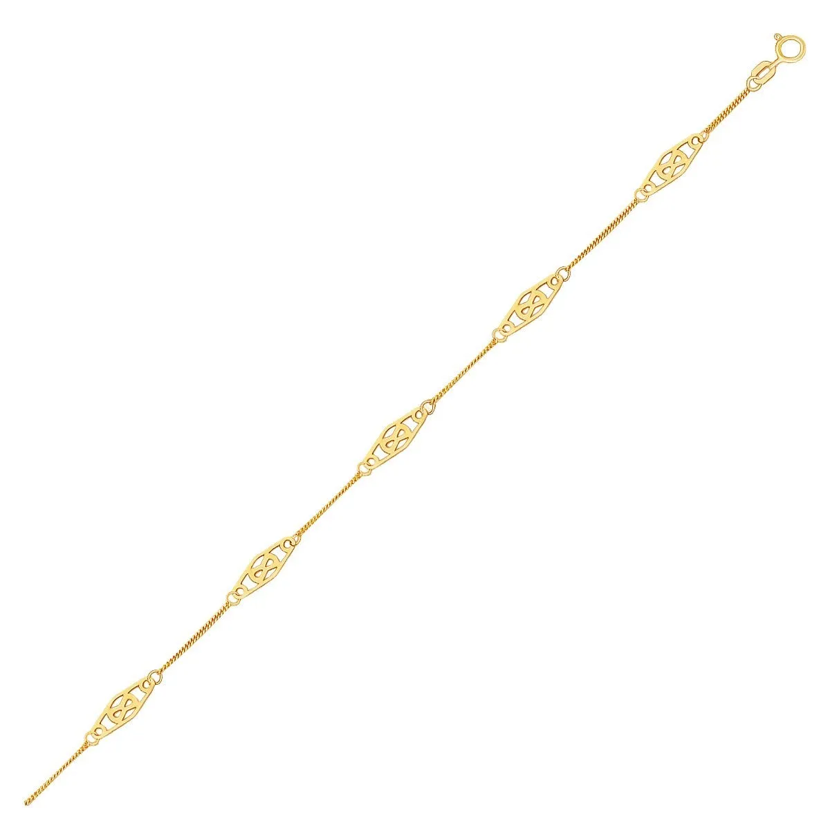 Size: 10'' - 14k Yellow Gold Anklet with Fancy Diamond Shape Filigree Stations