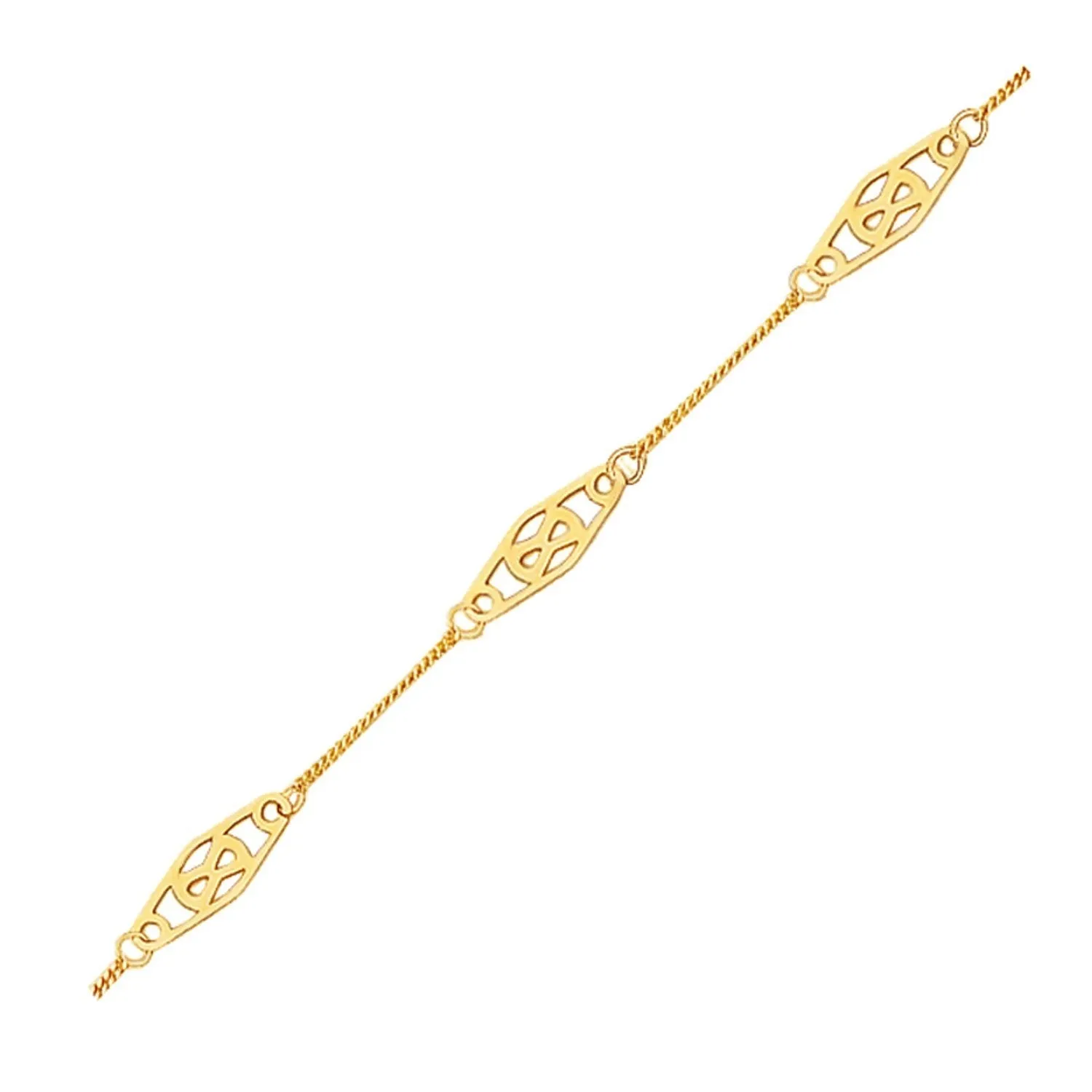 Size: 10'' - 14k Yellow Gold Anklet with Fancy Diamond Shape Filigree Stations