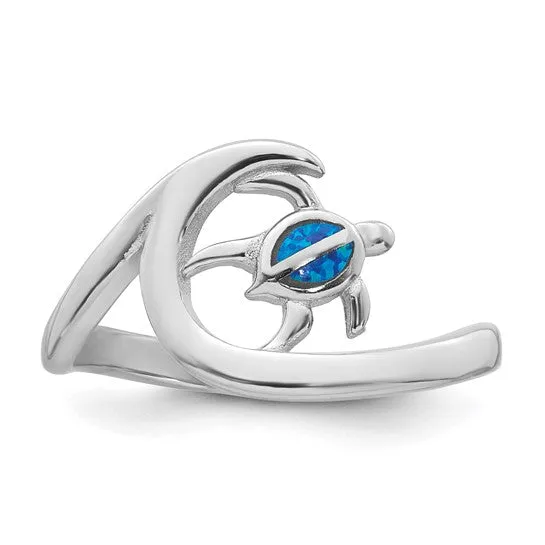 Sterling Silver Blue Created Opal Turtle on Wave Ring