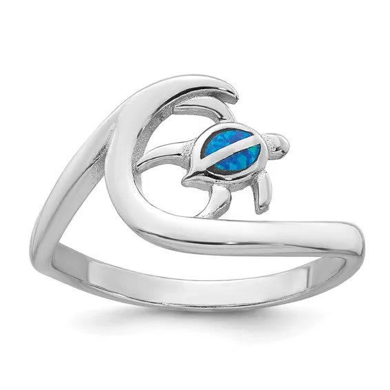 Sterling Silver Blue Created Opal Turtle on Wave Ring