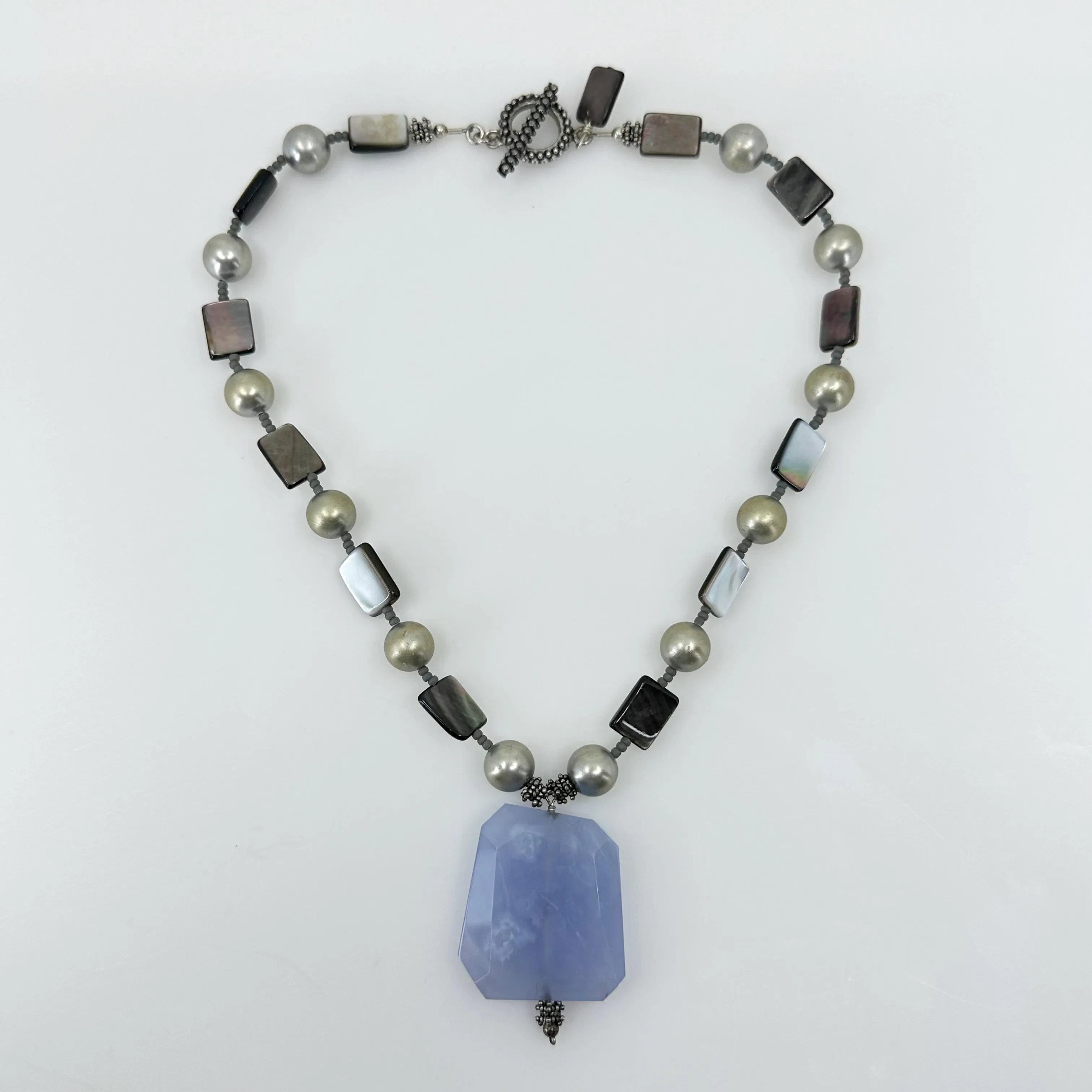 Sterling silver pearl, mother pearl & chalcedony bead necklace