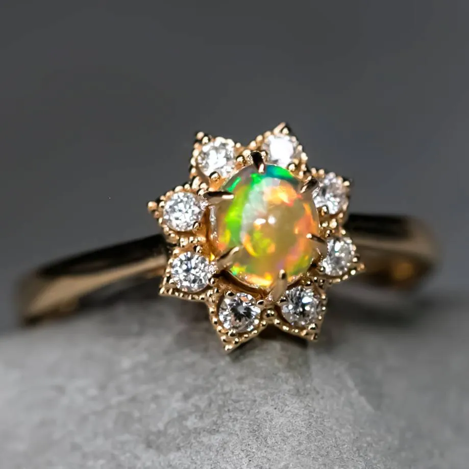 Sunflower Mexican Fire Opal Diamond Engagement Ring 18K Yellow Gold