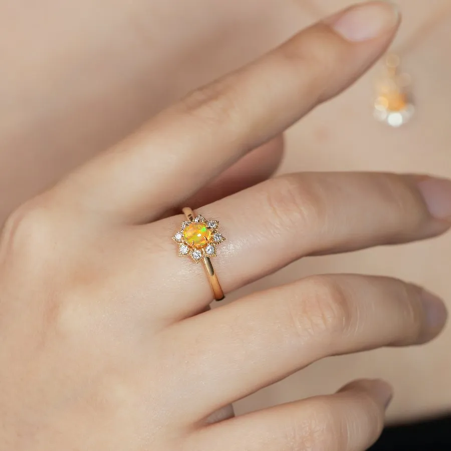 Sunflower Mexican Fire Opal Diamond Engagement Ring 18K Yellow Gold