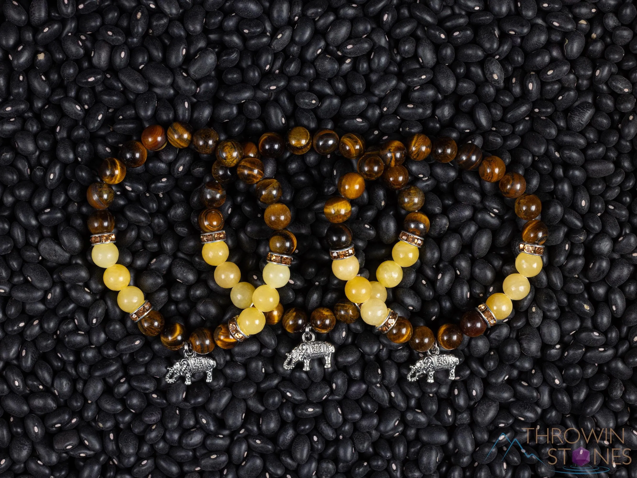 TIGERS EYE & Honey JADE Crystal Bracelet with Elephant Charm - Beaded Gemstone Handmade Jewelry Gift for Her, E2201