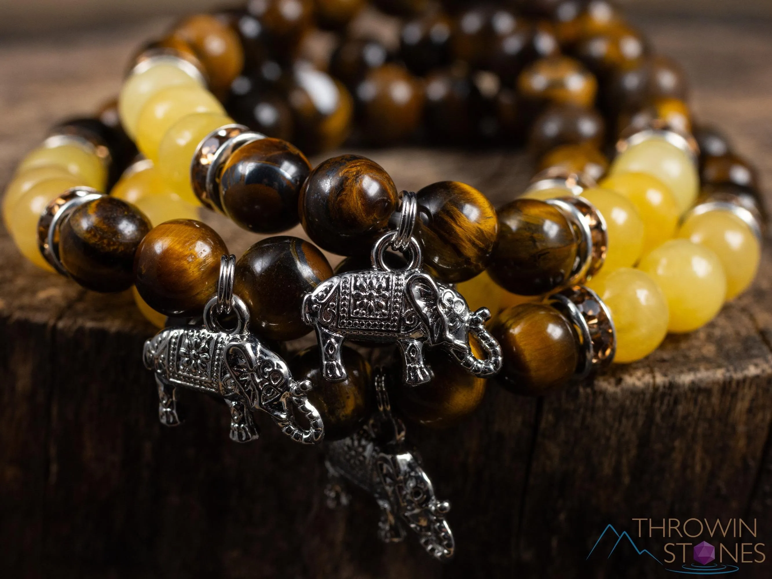 TIGERS EYE & Honey JADE Crystal Bracelet with Elephant Charm - Beaded Gemstone Handmade Jewelry Gift for Her, E2201