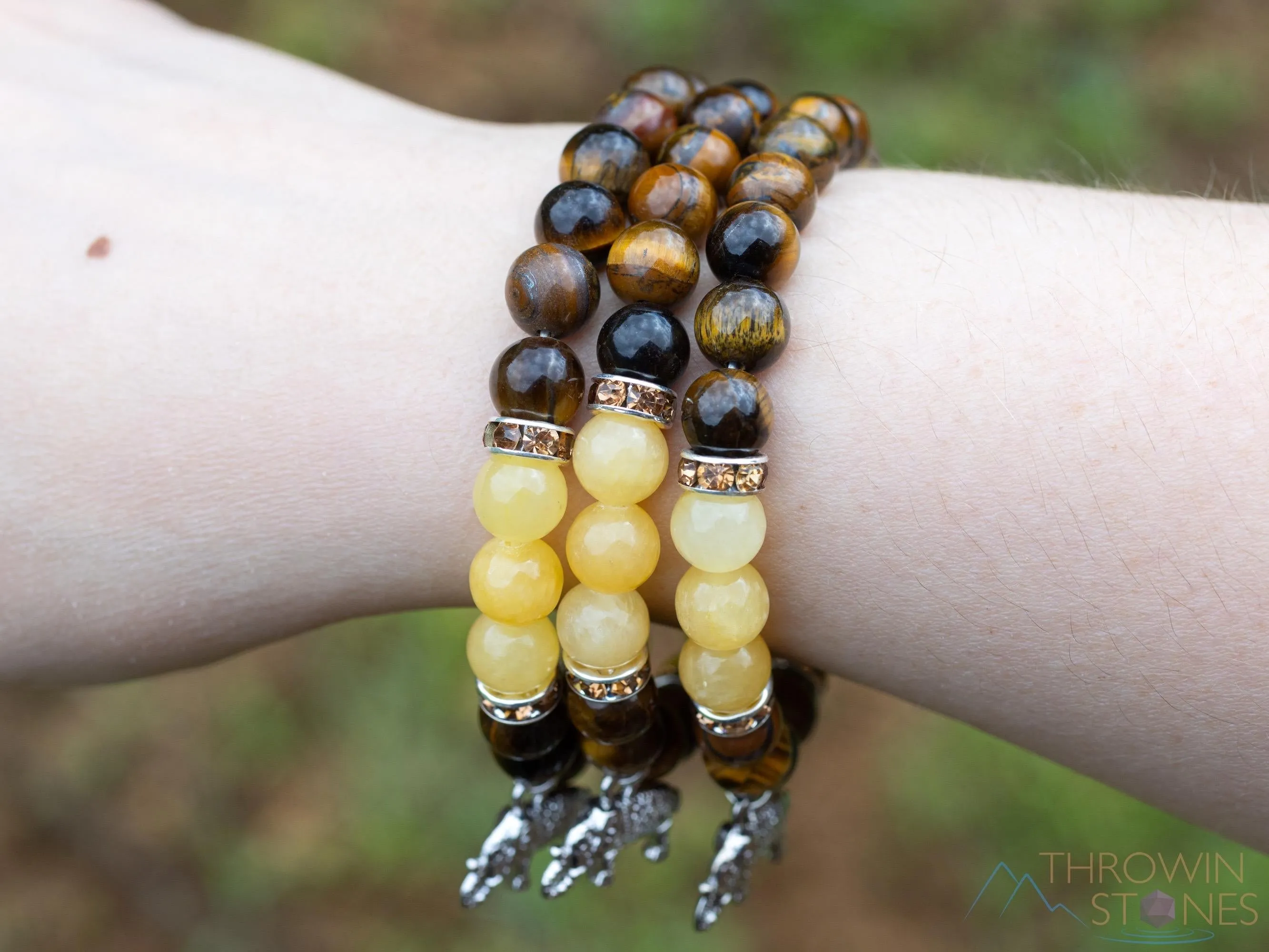 TIGERS EYE & Honey JADE Crystal Bracelet with Elephant Charm - Beaded Gemstone Handmade Jewelry Gift for Her, E2201