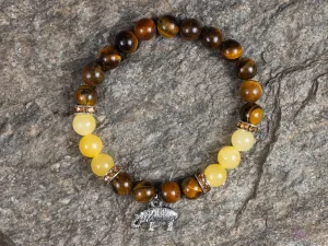 TIGERS EYE & Honey JADE Crystal Bracelet with Elephant Charm - Beaded Gemstone Handmade Jewelry Gift for Her, E2201