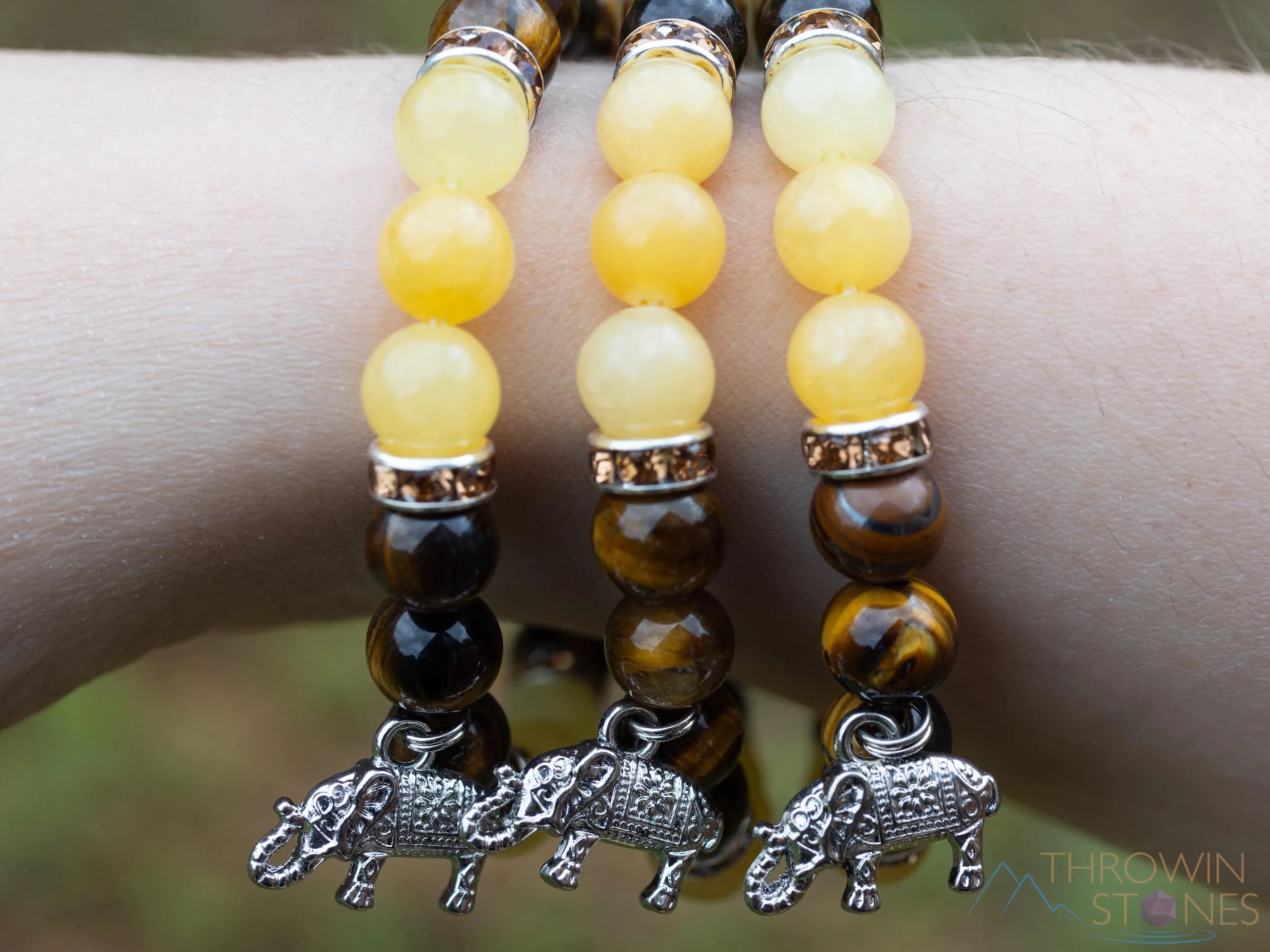 TIGERS EYE & Honey JADE Crystal Bracelet with Elephant Charm - Beaded Gemstone Handmade Jewelry Gift for Her, E2201