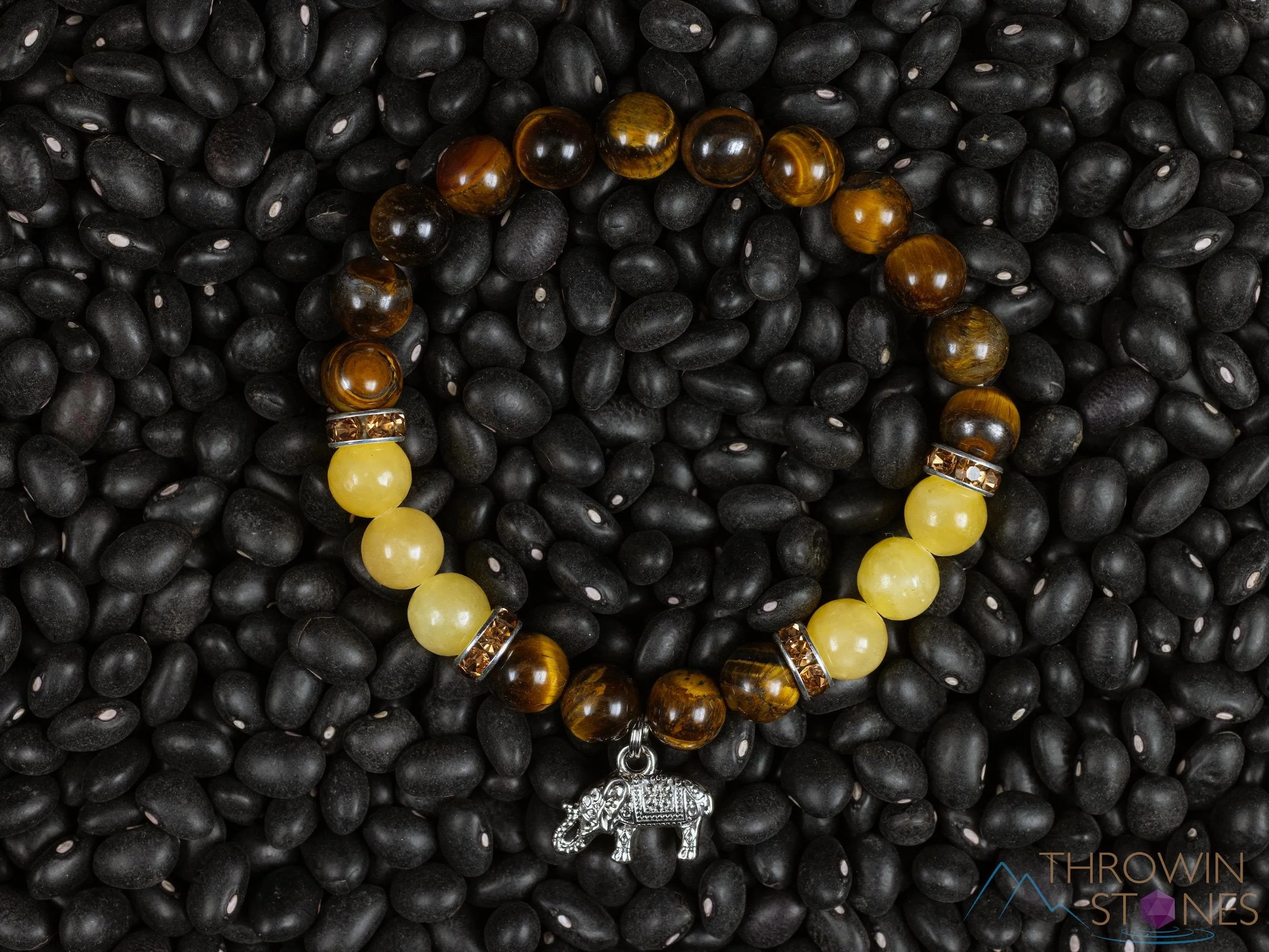 TIGERS EYE & Honey JADE Crystal Bracelet with Elephant Charm - Beaded Gemstone Handmade Jewelry Gift for Her, E2201