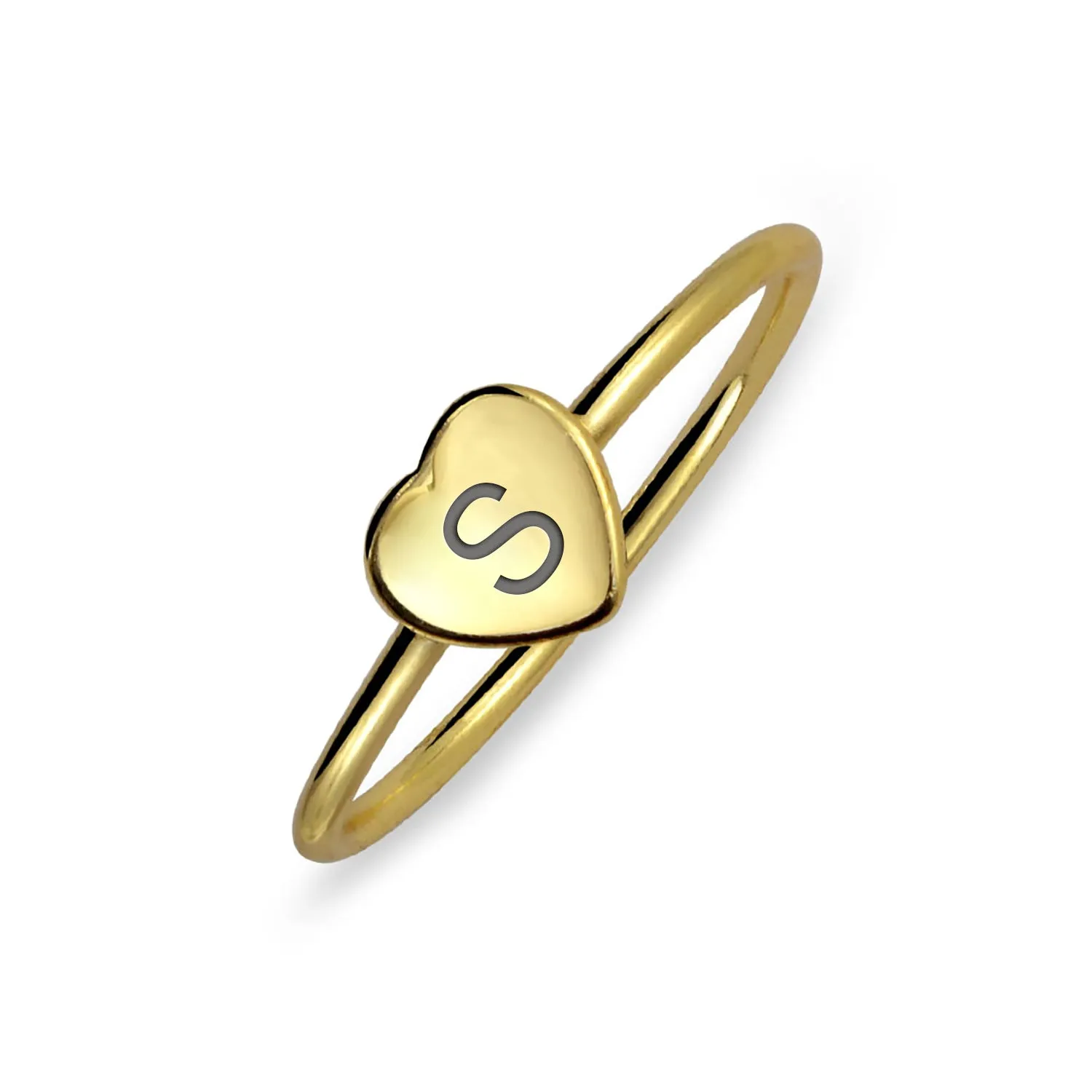 Tiny Minimalist Silver Ring with Heart Shape Initial Monogram Gold Plated Sterling