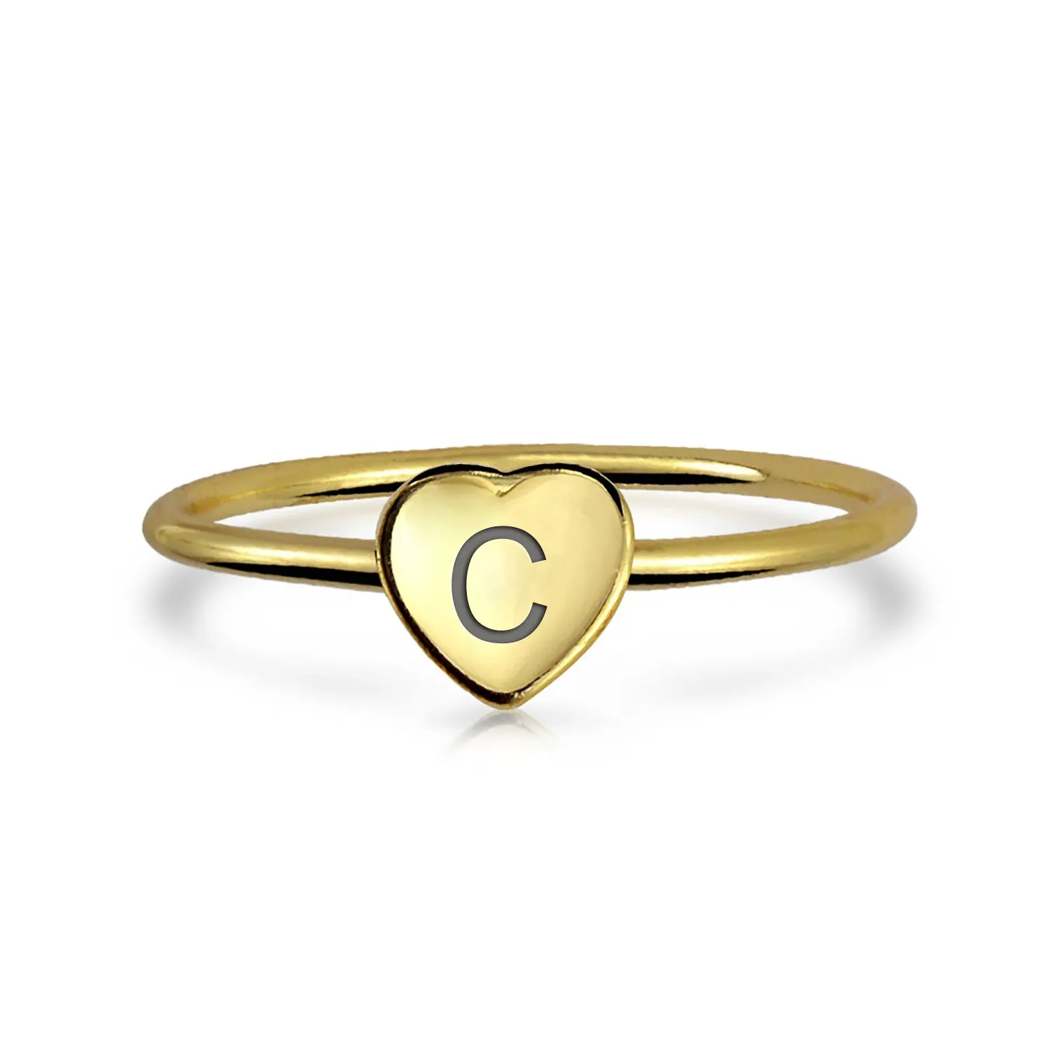 Tiny Minimalist Silver Ring with Heart Shape Initial Monogram Gold Plated Sterling