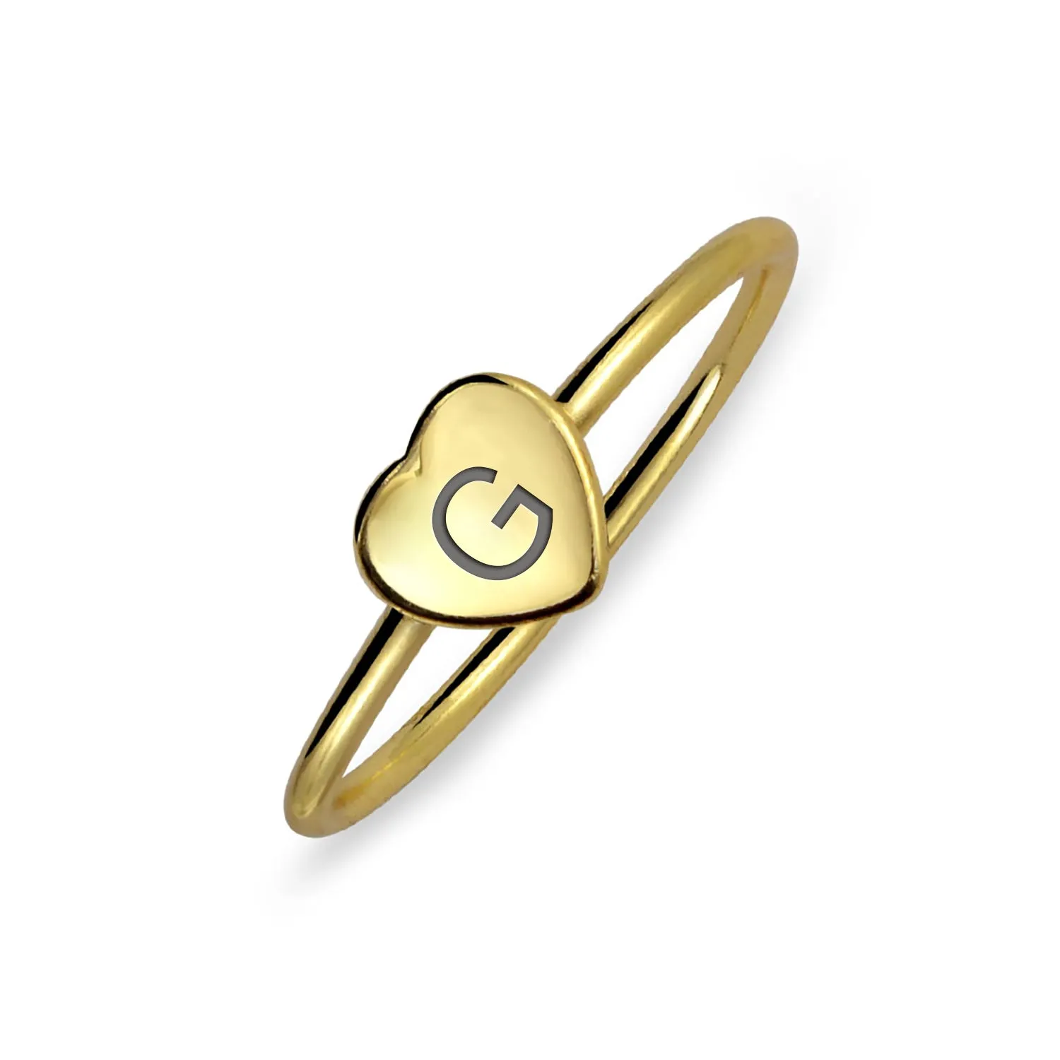 Tiny Minimalist Silver Ring with Heart Shape Initial Monogram Gold Plated Sterling