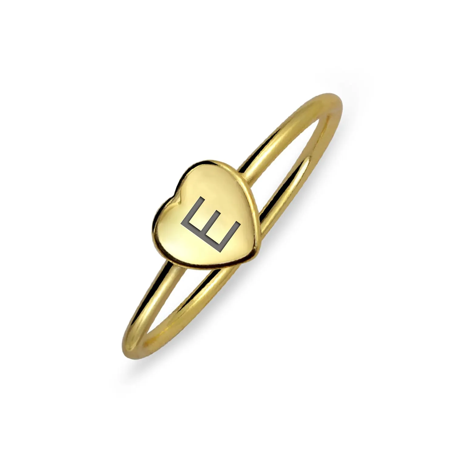 Tiny Minimalist Silver Ring with Heart Shape Initial Monogram Gold Plated Sterling