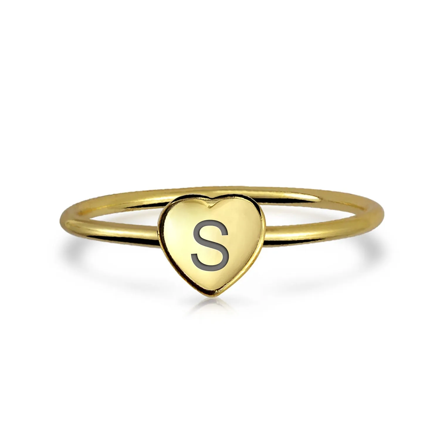 Tiny Minimalist Silver Ring with Heart Shape Initial Monogram Gold Plated Sterling