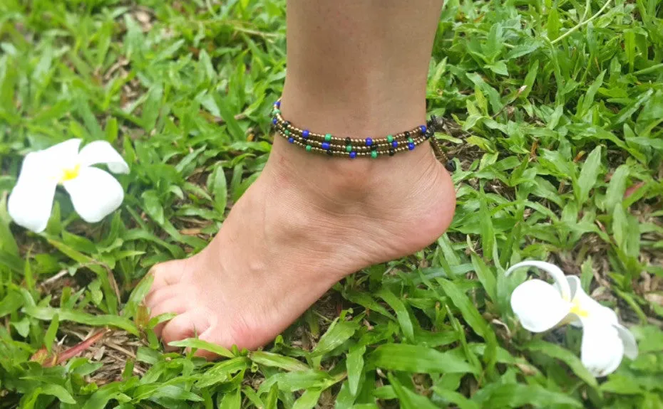 Triple Strands Brass and Color Beads Anklets in Aqua