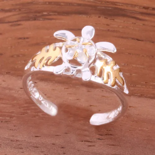 Two Tone Yellow Gold Plated Honu and Plumeria with Clear CZ Toe Ring