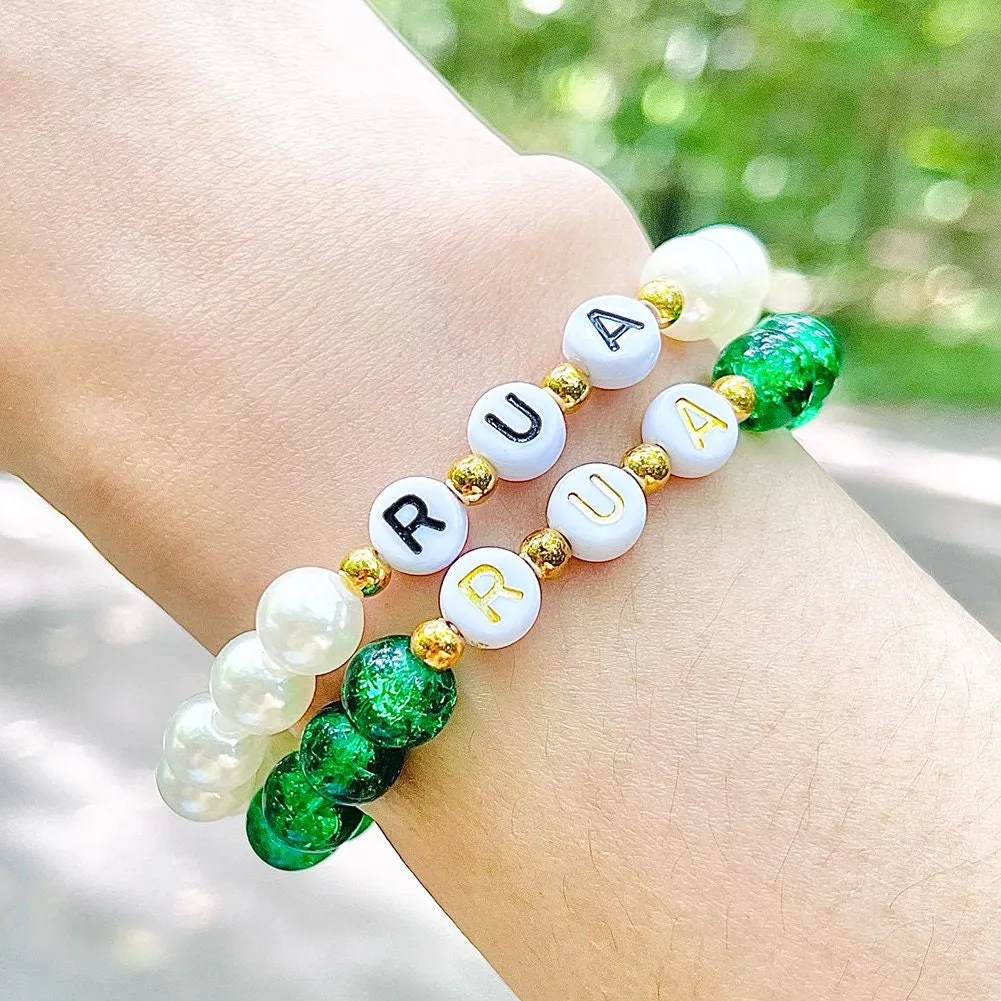 US Custom Name Bracelet Faux Pearl Jade Crystal Beaded Stackable Mama Bracelet Handmade Fast Making