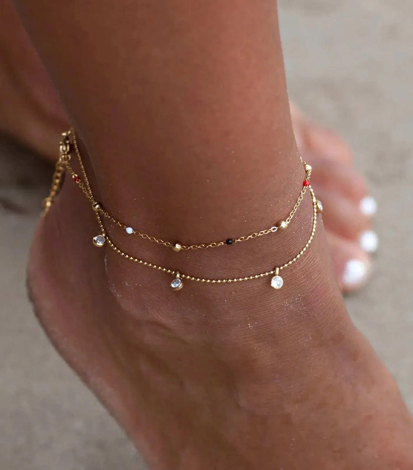 Vilde Petite Stone Chain Anklet Stainless Steel Gold