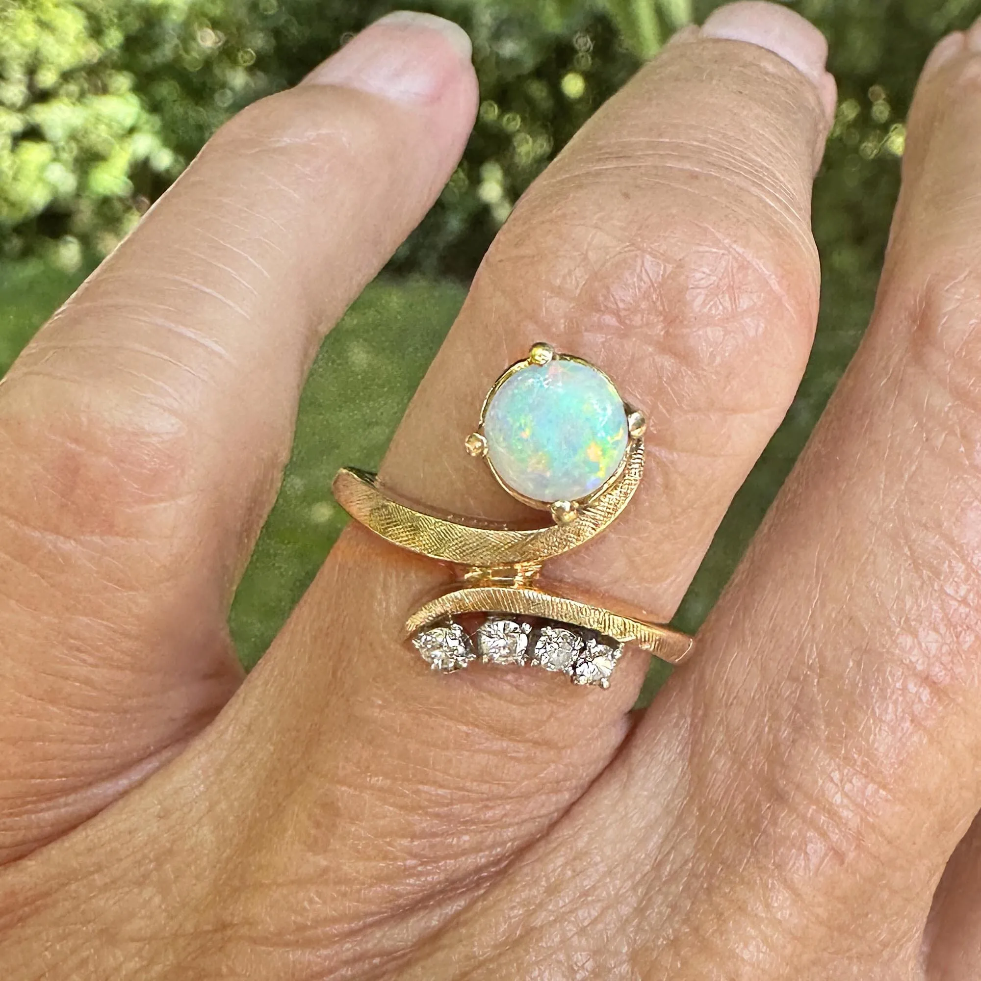 Vintage 14K Gold Bypass Diamond and Opal Ring