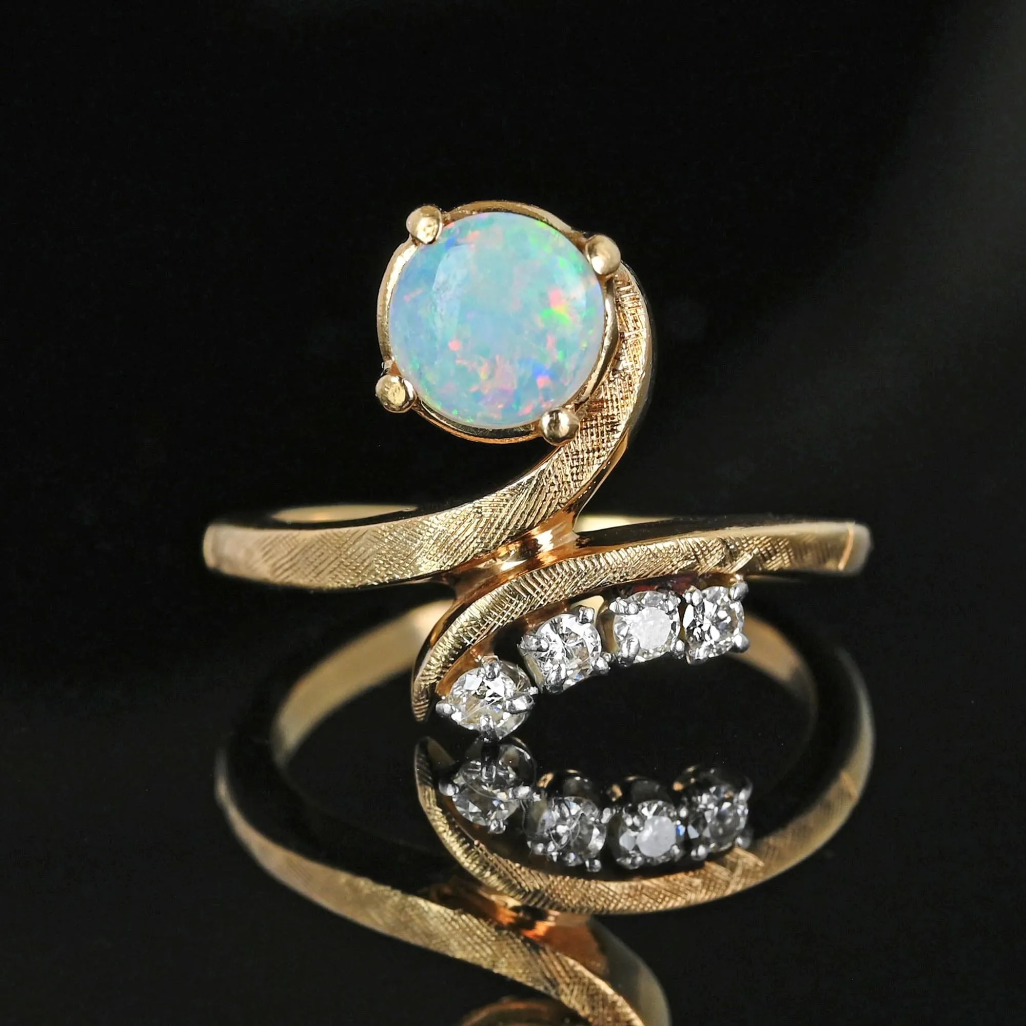 Vintage 14K Gold Bypass Diamond and Opal Ring