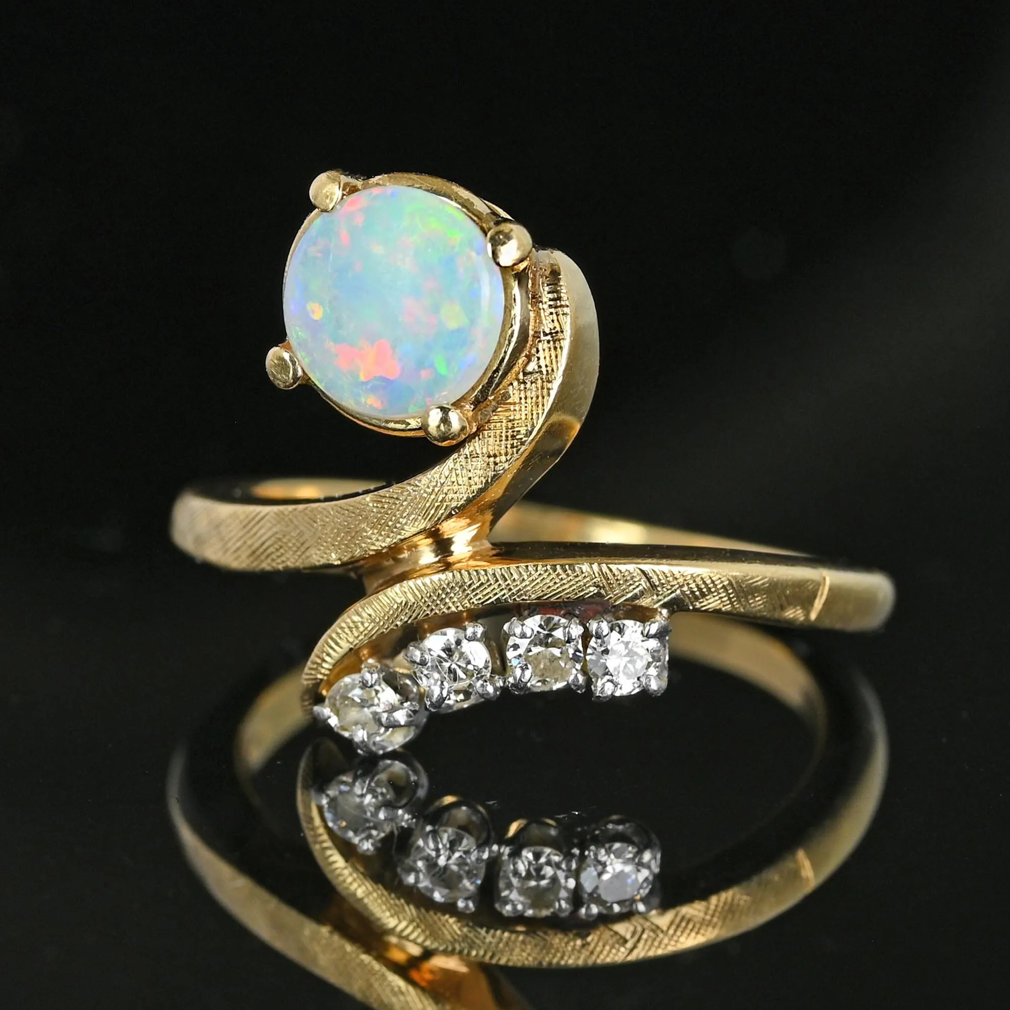 Vintage 14K Gold Bypass Diamond and Opal Ring