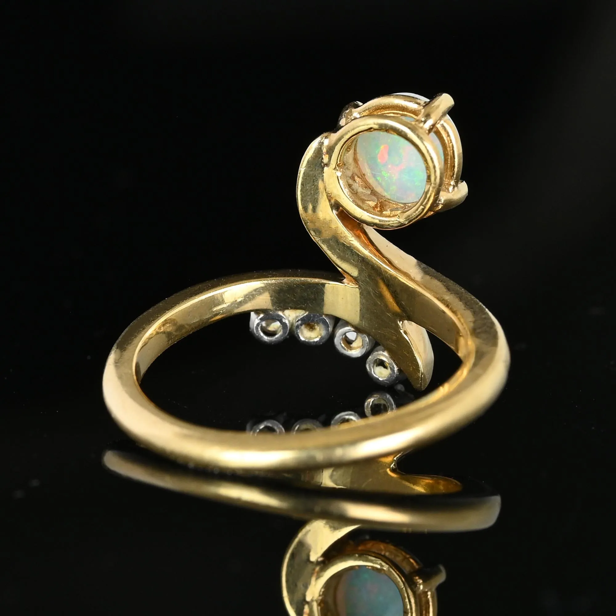 Vintage 14K Gold Bypass Diamond and Opal Ring