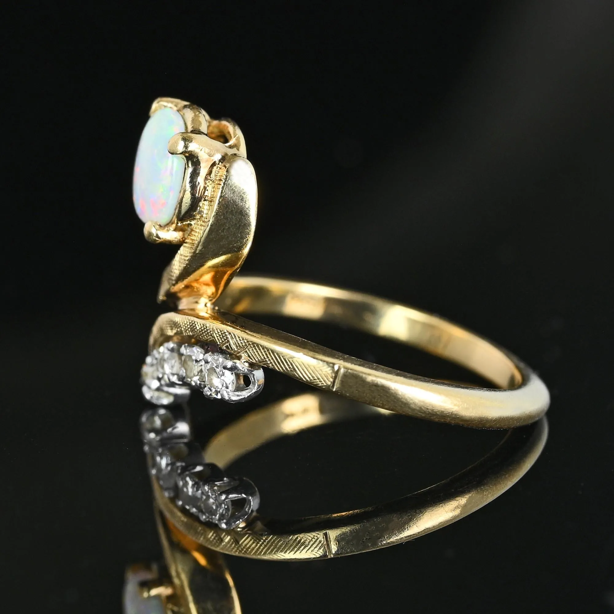 Vintage 14K Gold Bypass Diamond and Opal Ring