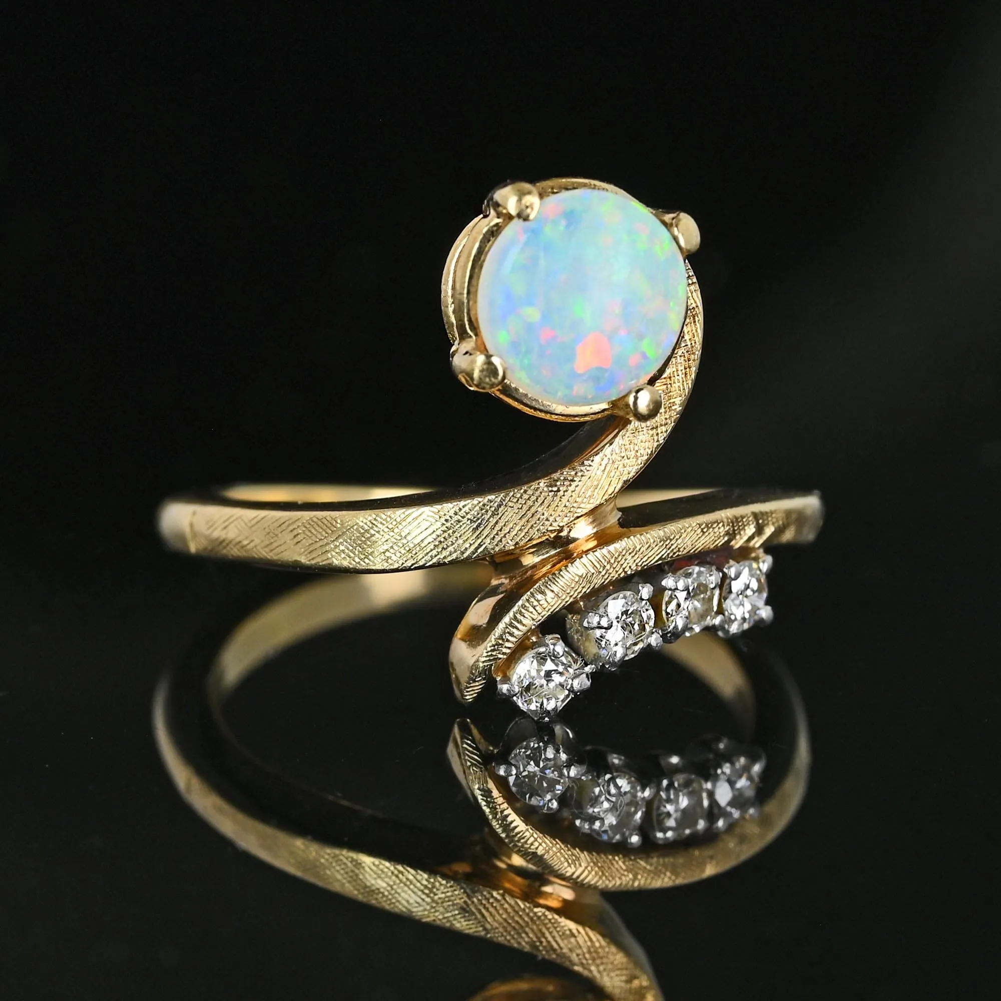 Vintage 14K Gold Bypass Diamond and Opal Ring