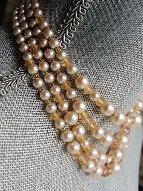 Vintage 50s Amazing Multi Strand Lustrous Pearl Bead and Pink Crystals Necklace For Bride Wedding Evening Wear High Quality Costume Jewelry