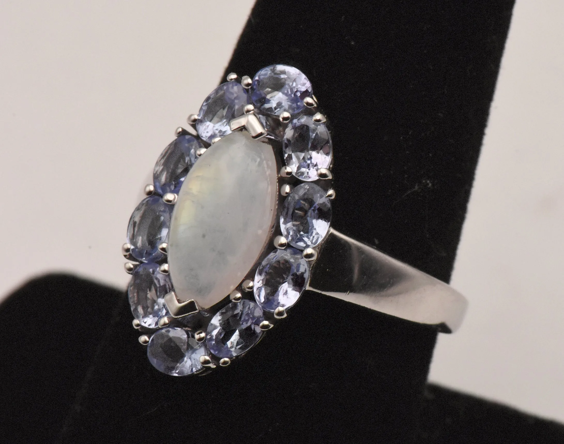 Vintage Sterling Silver Rainbow Moonstone and Tanzanite Ring - Size 8