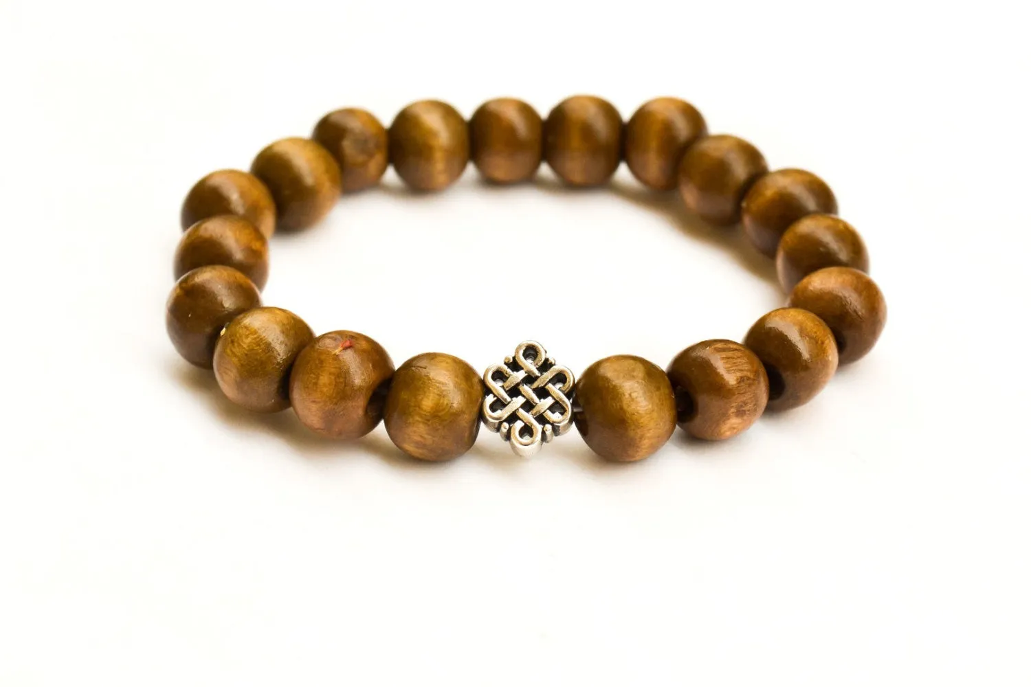 Wood beads stretch bracele with silver celtic endless knot charm