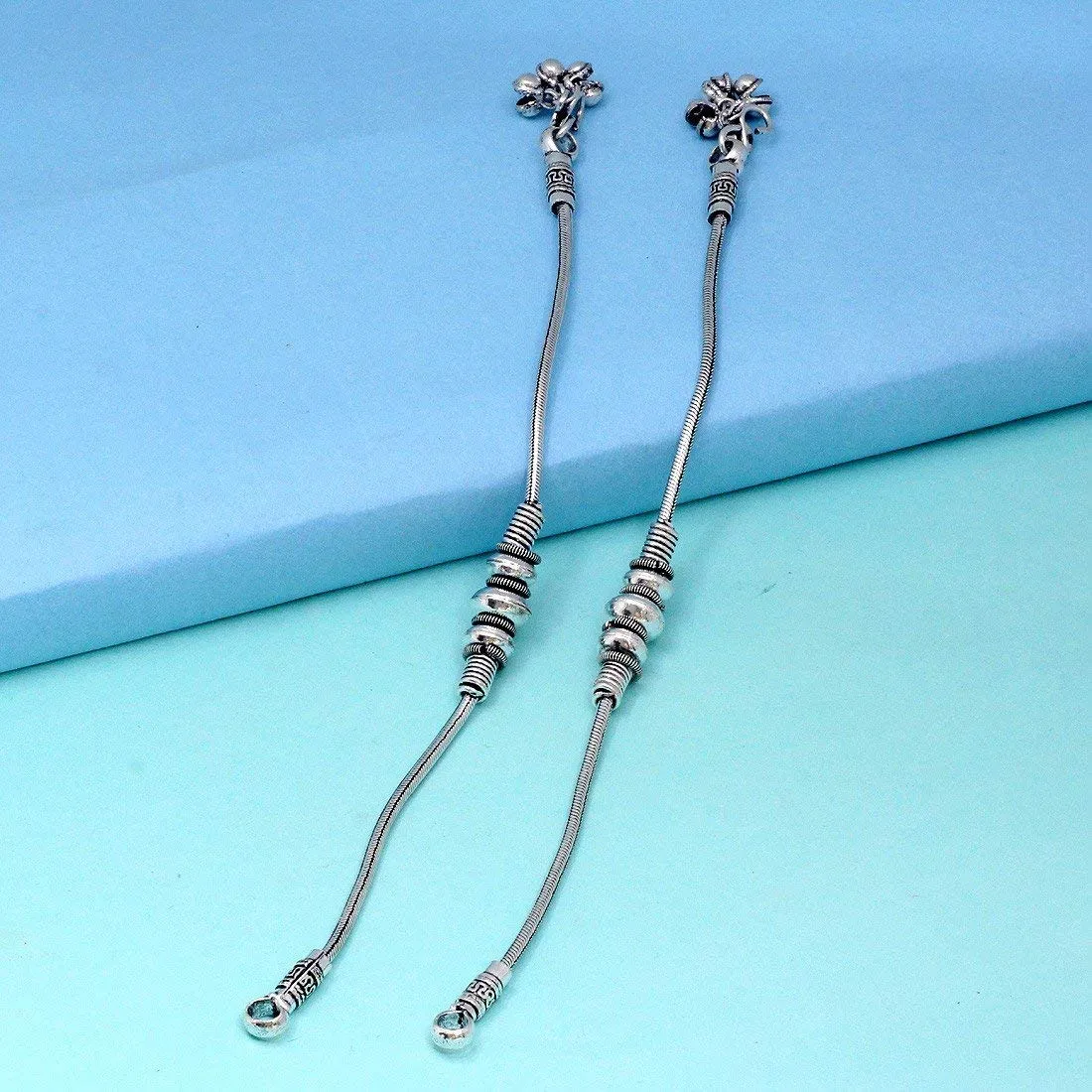 Yellow Chimes Oxidised Silver Anklets for Women Antique 2 Pc Traditional Payal Oxidised Silver Anklets for Women and Girls