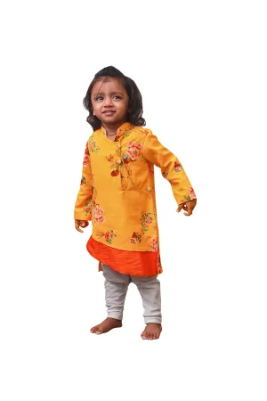 Yellow Printed Kurta with Off White Churidar